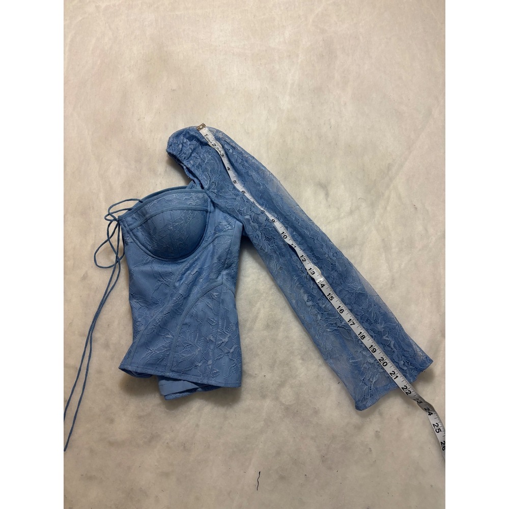 Chelsea & Violet Blue Lace Corset Top Long Puff Sleeve Sweetheart Size 4 NWT - Picture 13 of 13